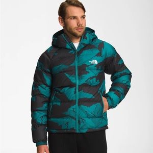North Face Printed Hydrenalite Hooded Down Jacket - Harbor Blue Mountain Peak